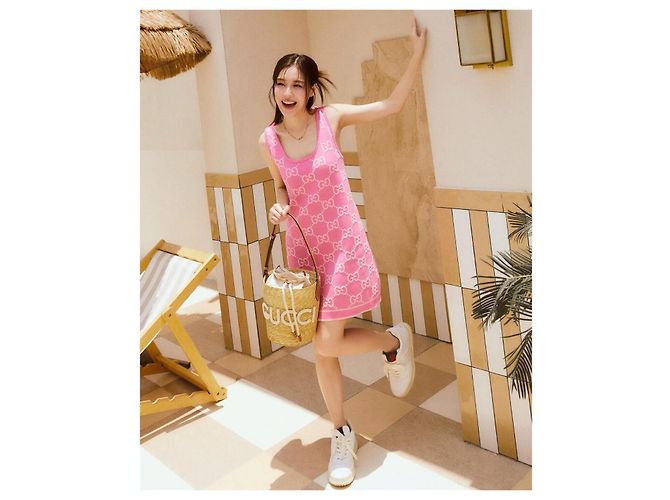 Vestido tank de algodón rosa Gucci con punto jacquard Double G - vista 9