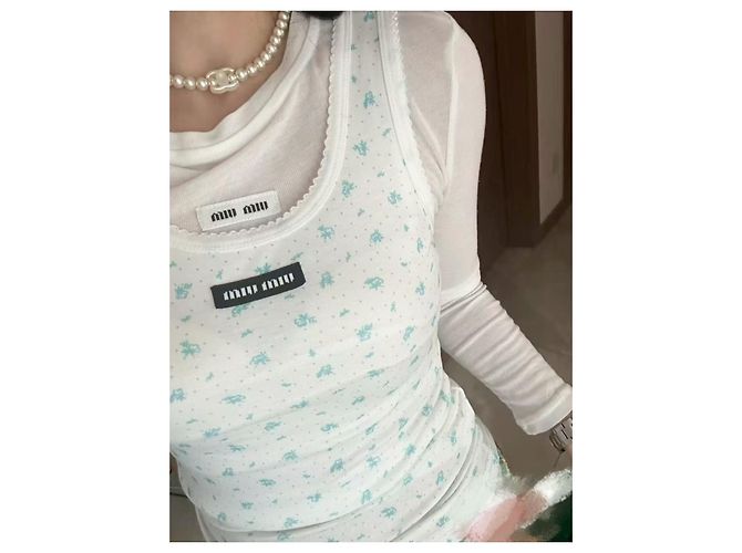 Top Miu Miu Floreale in Cotone Bianco con Spalline - vista 7