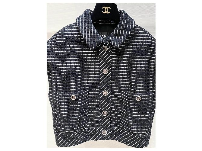 Chanel Tweed Weste Gestreift Schwarz Weiß - Ansicht 3