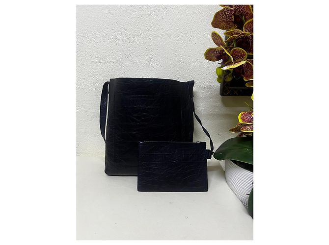 Autre Marque Saint Laurent Borsa Tote in Pelle Goffrata Coccodrillo Nera e Pochette - vista 4