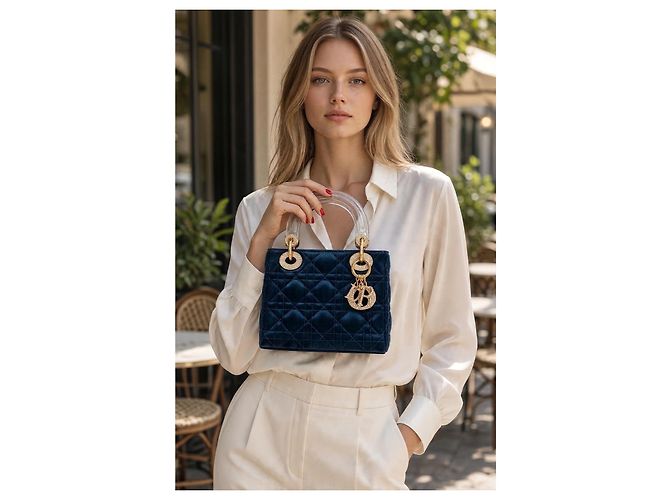 Dior Mini Lady Dior Borsa blu navy seta - vista 7