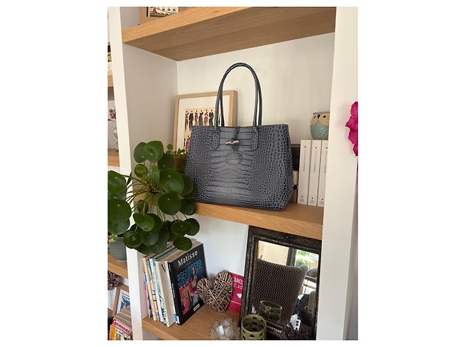 Roseau Longchamp Borsa Tote in Pelle Effetto Canna Croco - Blu - vista 11