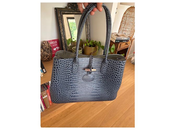 Roseau Longchamp Borsa Tote in Pelle Effetto Canna Croco - Blu - vista 12