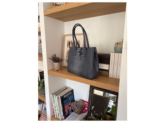 Roseau Longchamp Borsa Tote in Pelle Effetto Canna Croco - Blu - vista 2
