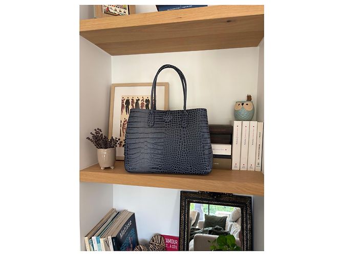 Roseau Longchamp Borsa Tote in Pelle Effetto Canna Croco - Blu - vista 5
