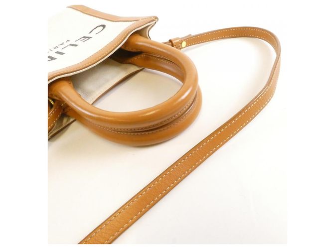 Céline Celine Mini Vertical Cabas Bolsa em lona de algodão e couro de bezerro - vista 8