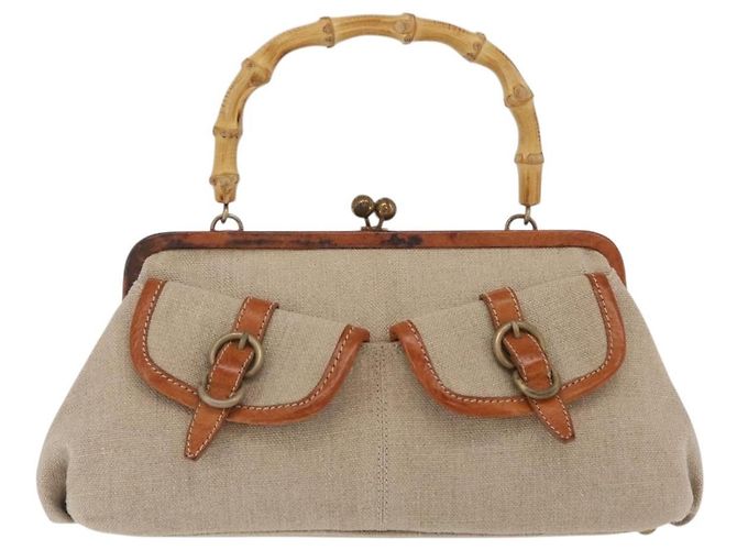Miu Miu Bamboo Hand Bag Cotton 2way Beige Gold - vista 13