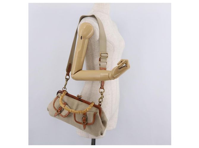 Miu Miu Bamboo Hand Bag Cotton 2way Beige Gold - vista 29
