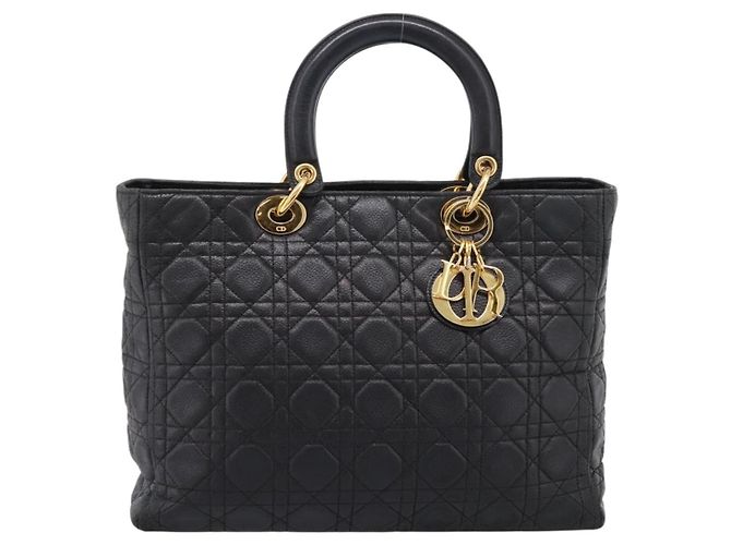 Christian Dior Lady Dior Canage Hand Bag Leather Black Gold Tone - vista 13