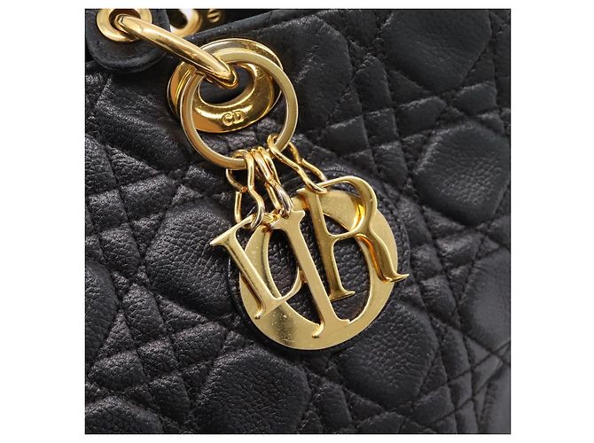 Christian Dior Lady Dior Canage Hand Bag Leather Black Gold Tone - vista 17