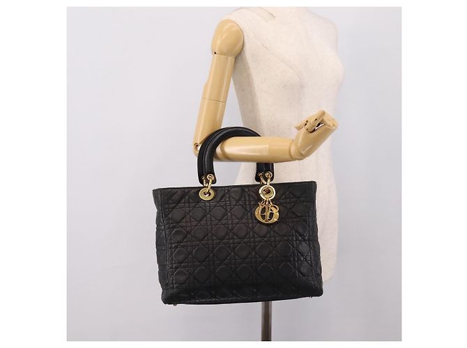 Christian Dior Lady Dior Canage Hand Bag Leather Black Gold Tone - vista 22