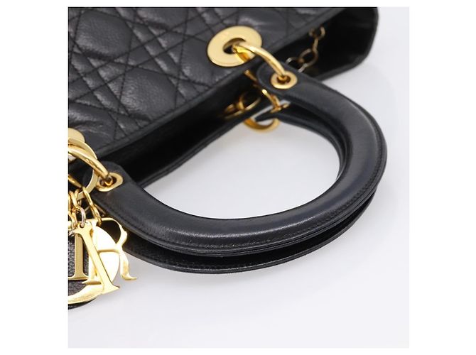 Christian Dior Lady Dior Canage Hand Bag Leather Black Gold Tone - vista 7
