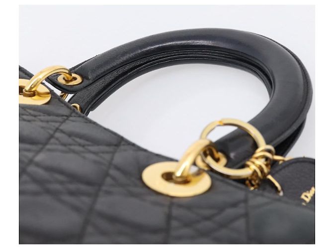 Christian Dior Lady Dior Canage Hand Bag Leather Black Gold Tone - vista 8