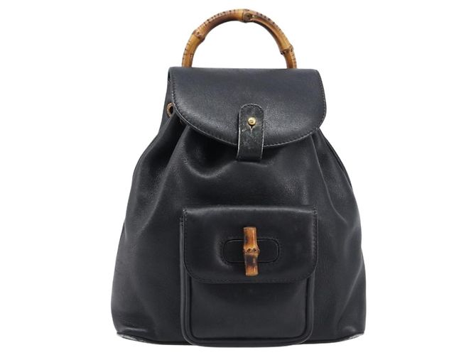 GUCCI Bamboo Backpack Leather Black Gold Tone 003 2034 0030 - vista 13