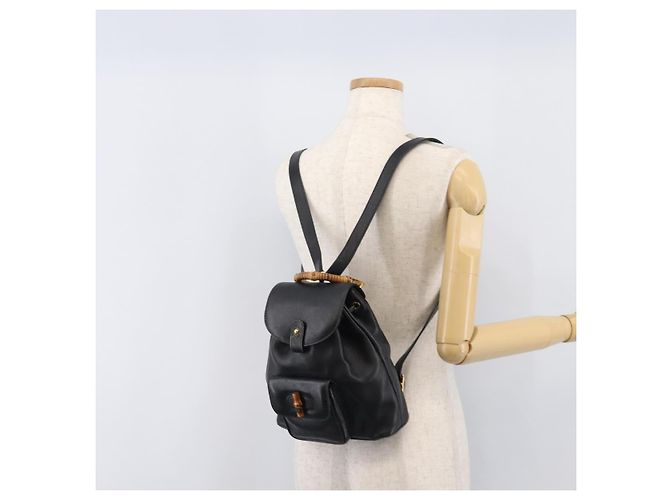 GUCCI Bamboo Backpack Leather Black Gold Tone 003 2034 0030 - vista 30