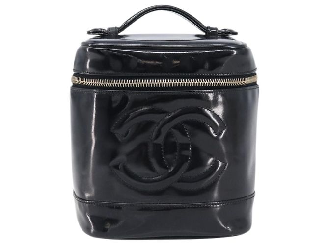 CHANEL COCO Mark Cosmetic Pouch patent Black Gold Tone CC - vista 2