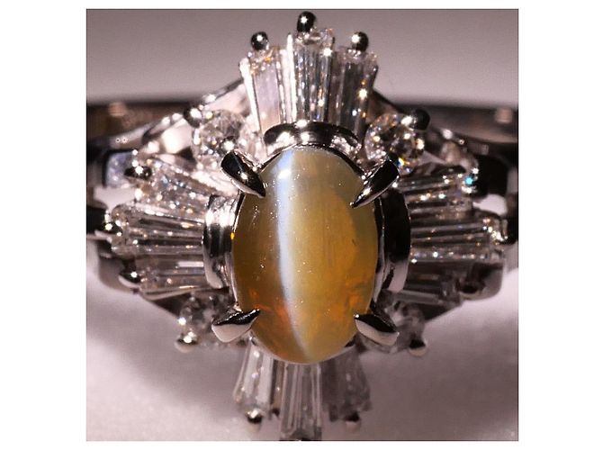 Autre Marque PT900 Platin-Bandring mit Katzenauge und Diamant - Ansicht 2