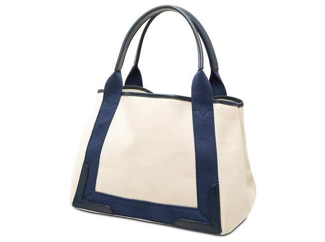 Balenciaga Cabas Tote S in tela bianca e blu navy - vista 2