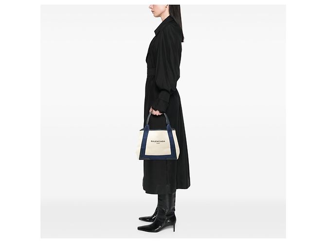 Balenciaga Cabas Tote S in tela bianca e blu navy - vista 6