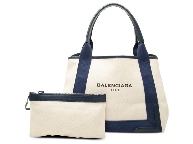 Balenciaga Cabas Tote S in tela bianca e blu navy - vista 7