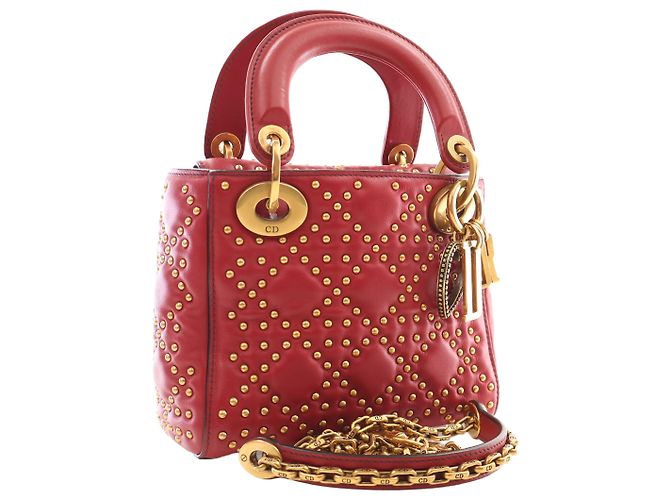 Dior Mini Lady Dior Supple in pelle d'agnello Cannage rossa borchiata - vista 11