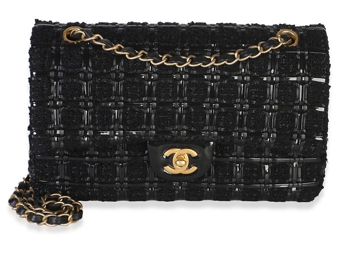 Borsa Chanel Medium Classic Double Flap in tweed nero e vernice intrecciata - vista 8
