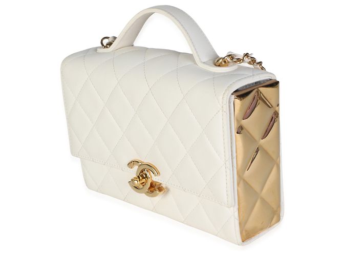 Bolsa de aba Mini Golden Plate em pele de cordeiro acolchoada branca Chanel - vista 3