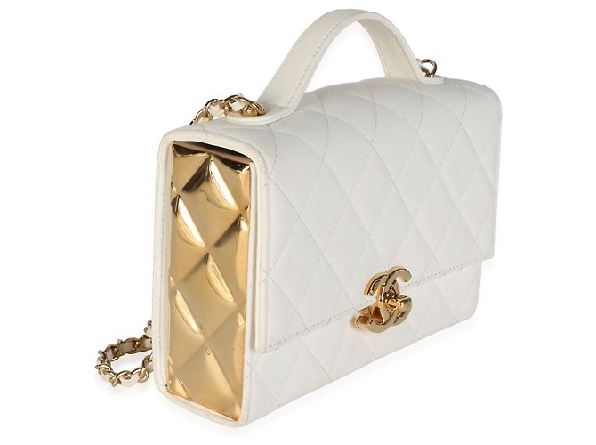 Bolsa de aba Mini Golden Plate em pele de cordeiro acolchoada branca Chanel - vista 4