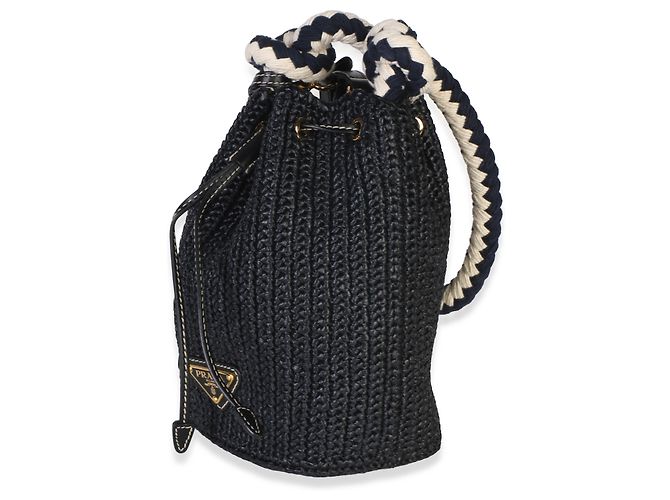 Prada Mini Borsa Secchiello in Crochet Effetto Raphia Nero con Coulisse - vista 3