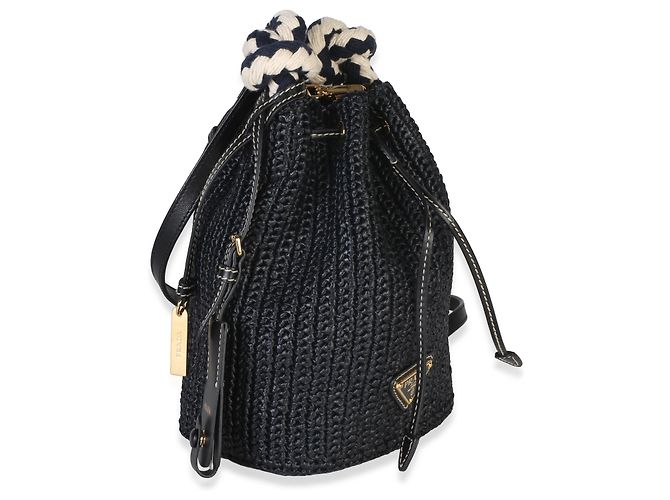 Prada Mini Borsa Secchiello in Crochet Effetto Raphia Nero con Coulisse - vista 4