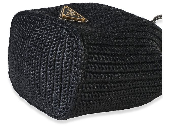 Prada Mini Borsa Secchiello in Crochet Effetto Raphia Nero con Coulisse - vista 6