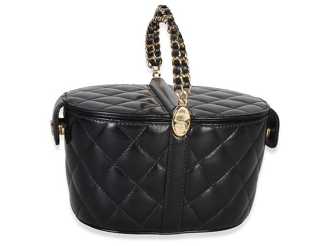 Borsa vanity Chanel in pelle di vitello matelassé lucida nera con doppio manico superiore - vista 2