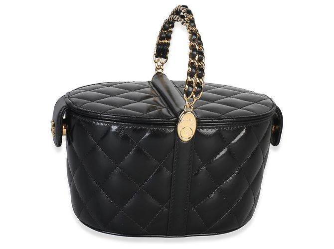 Borsa vanity Chanel in pelle di vitello matelassé lucida nera con doppio manico superiore - vista 3