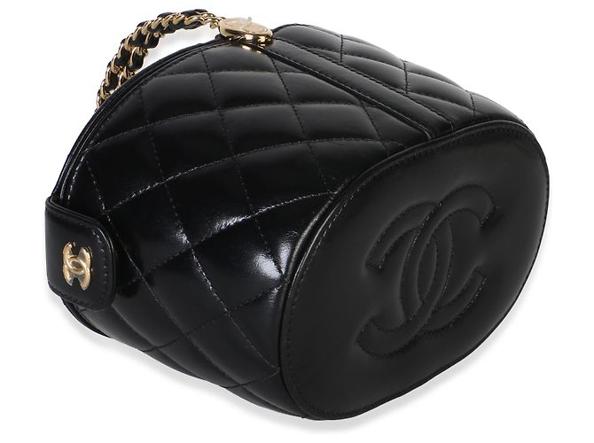 Borsa vanity Chanel in pelle di vitello matelassé lucida nera con doppio manico superiore - vista 7