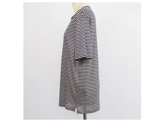 Loro Piana Polo a righe in lino blu navy e beige chiaro - vista 2