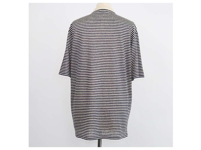 Loro Piana Polo a righe in lino blu navy e beige chiaro - vista 3