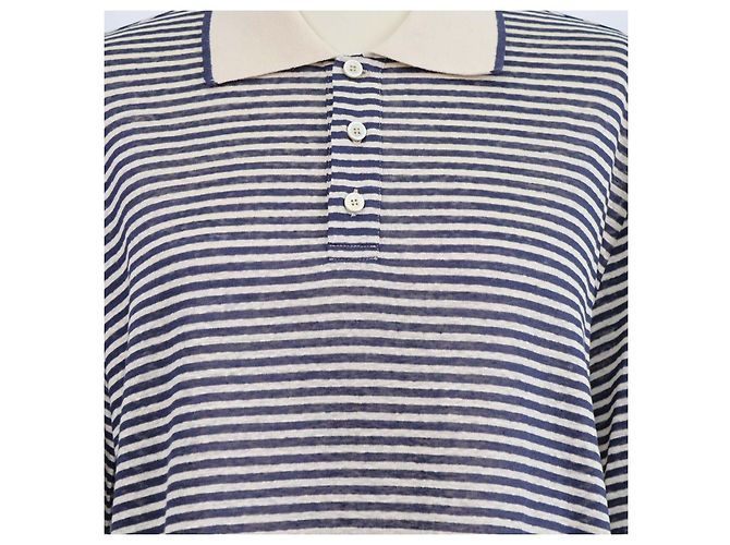 Loro Piana Polo a righe in lino blu navy e beige chiaro - vista 4