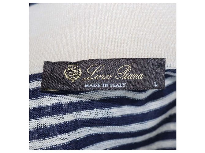 Loro Piana Polo a righe in lino blu navy e beige chiaro - vista 5