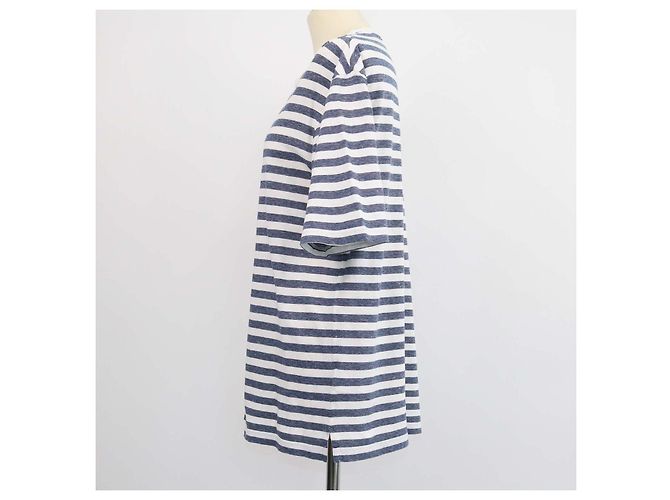 T-shirt girocollo a righe in cotone e lino blu e bianco Loro Piana - vista 2