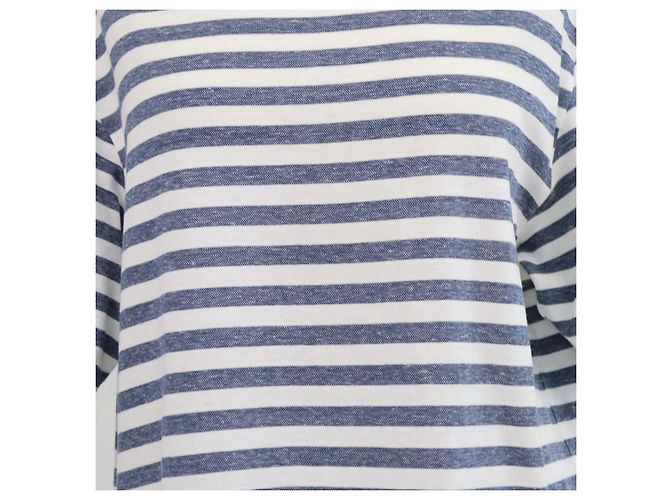 T-shirt girocollo a righe in cotone e lino blu e bianco Loro Piana - vista 4