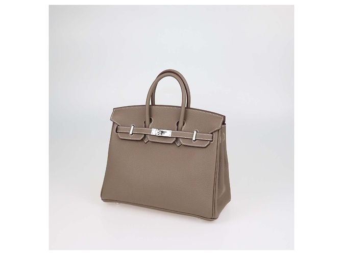 Hermès Borsa Birkin 25 Hermes in pelle Togo Etoupe con hardware in Palladio - vista 2