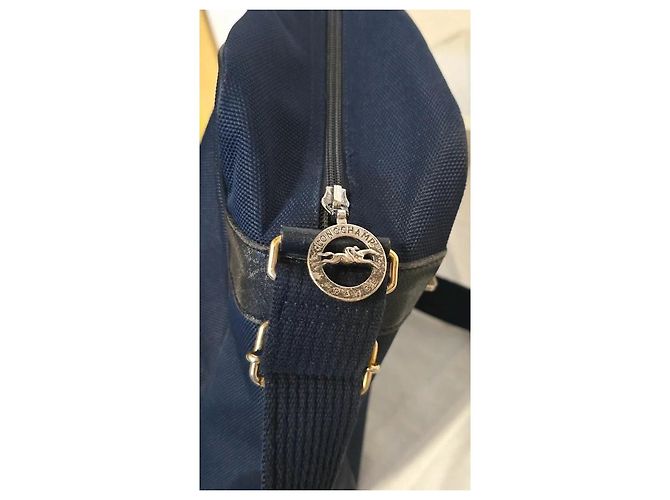 Longchamp Borsa a tracolla in tela e pelle blu navy - vista 9