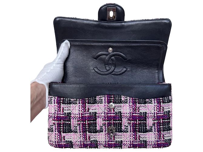 Borsa Chanel Classic Double Flap Medium Tweed Rosa/Viola/Nero/Bianco - vista 10