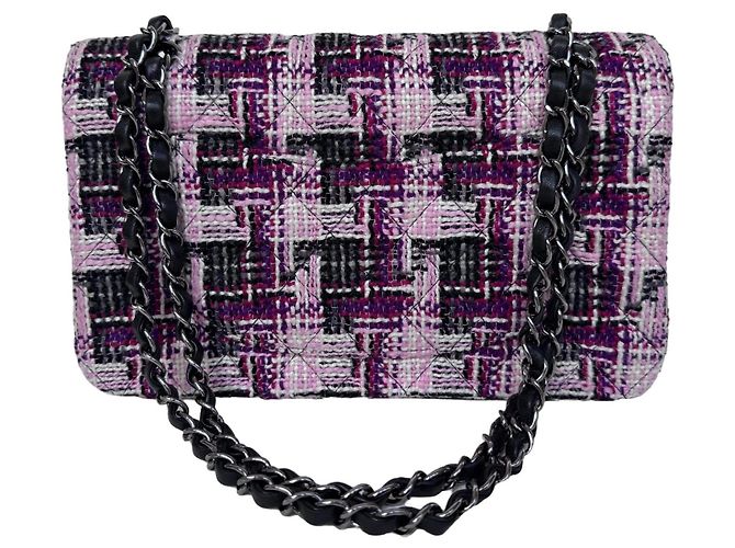 Borsa Chanel Classic Double Flap Medium Tweed Rosa/Viola/Nero/Bianco - vista 12