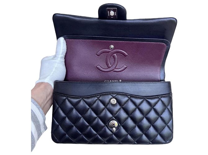 Chanel Classic Double Flap Medium Pelle Agnello Nero Argento - vista 6
