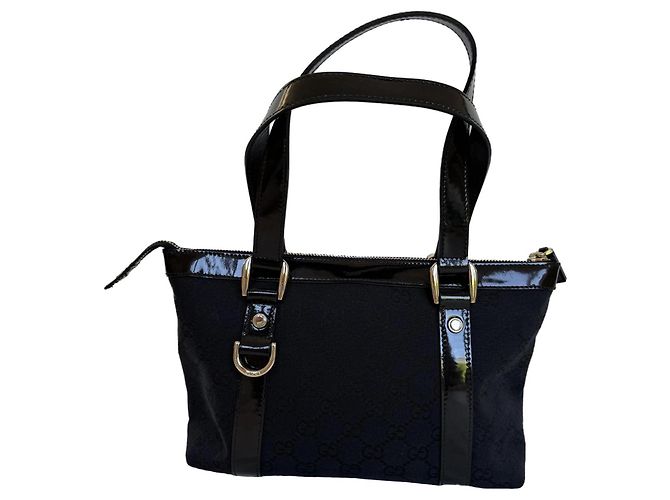 Gucci Abbey Borsa Tote in Tela Blu Scuro e Pelle Nera - vista 2