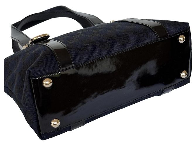 Gucci Abbey Borsa Tote in Tela Blu Scuro e Pelle Nera - vista 3