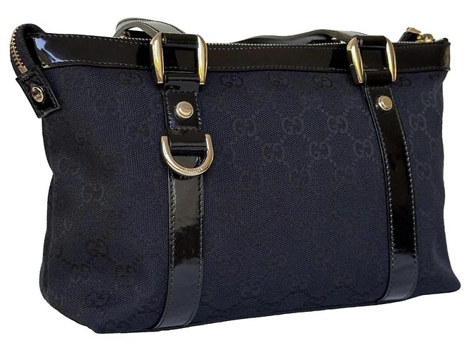 Gucci Abbey Borsa Tote in Tela Blu Scuro e Pelle Nera - vista 7