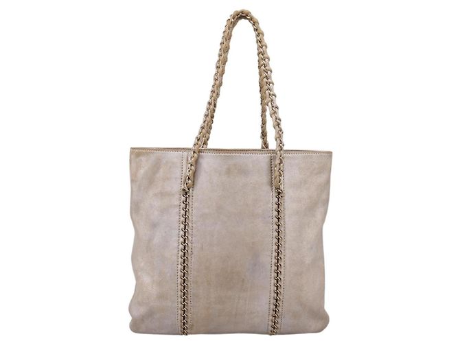 CHANEL Luxury Line Chain Tote Bag Leather Silver Gold Tone CC - vista 3