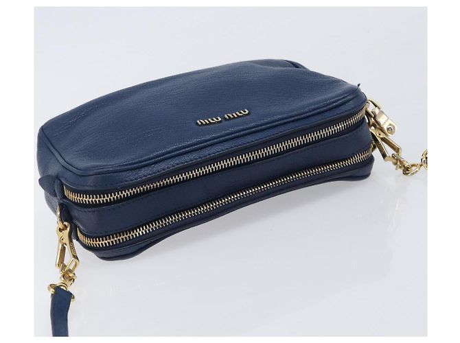 Miu Miu Madras Shoulder Bag Leather Navy Gold Tone - vista 6